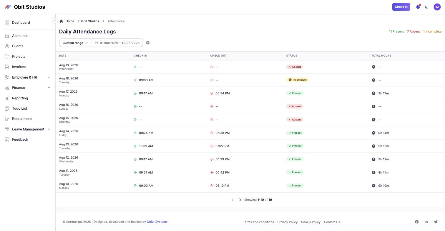 Daily attendance logs with check-in, check-out and total hours in Startup-pal