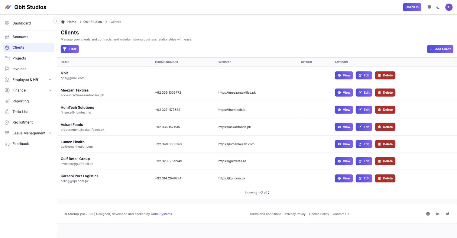 Client list in Startup-pal