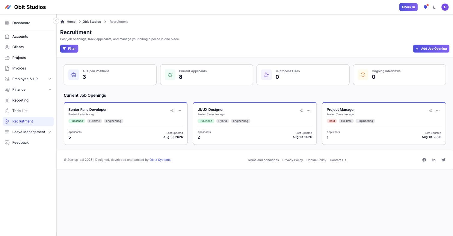 Recruitment overview with open positions and applicants in Startup-pal