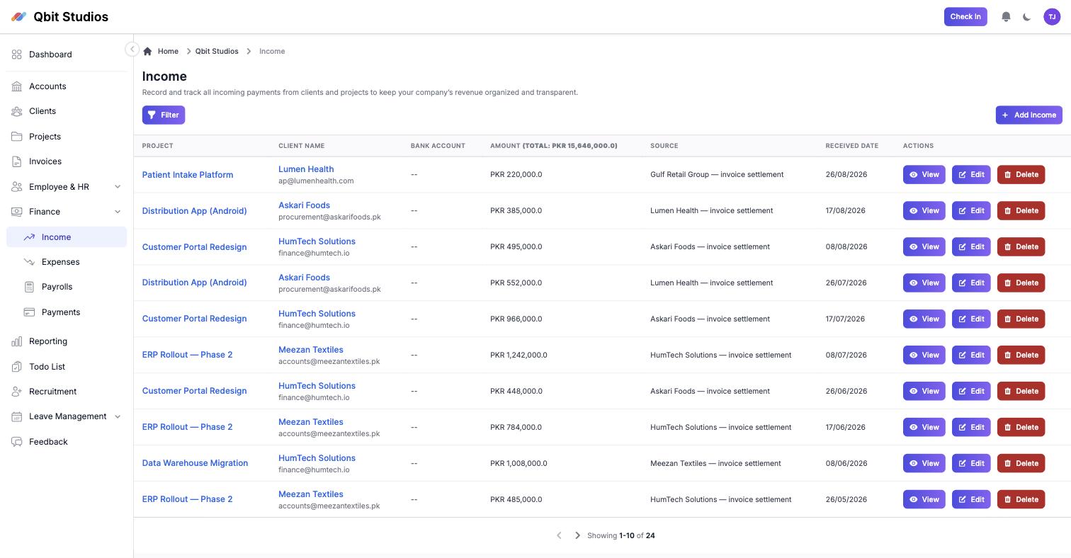 Income entries per client and project in Startup-pal