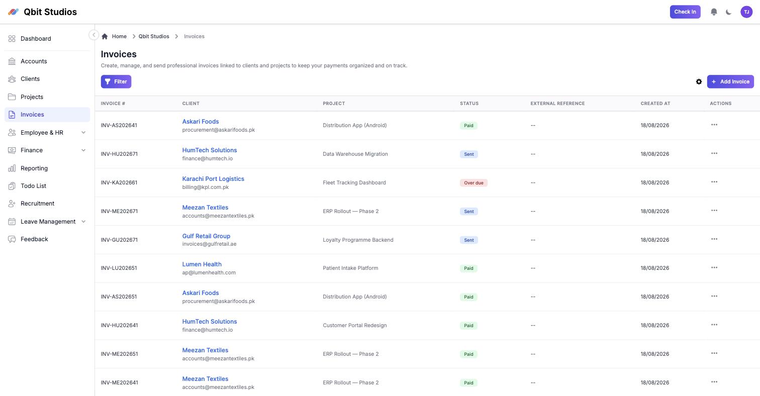 Invoices with paid, sent and overdue statuses in Startup-pal