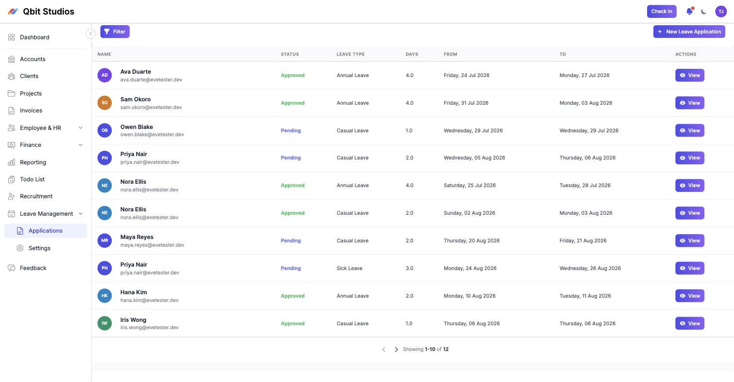 Leave applications across the team with approved and pending statuses in Startup-pal