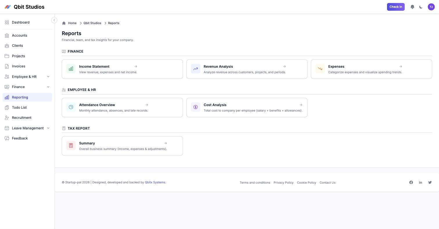 Financial, HR and tax reports in Startup-pal